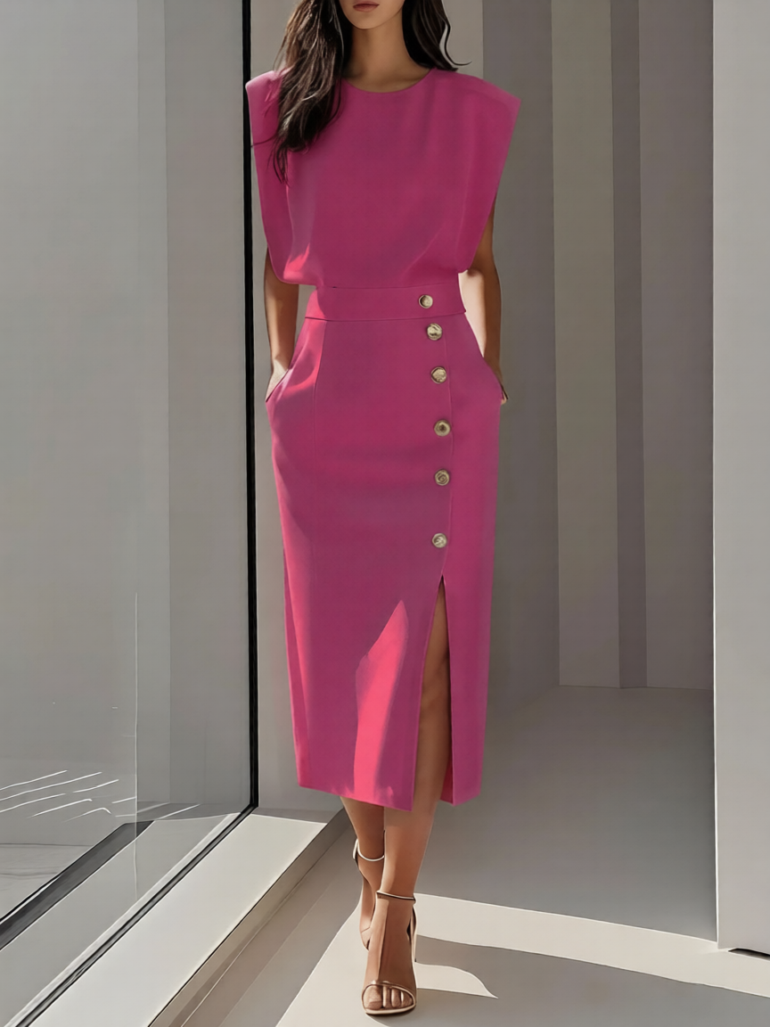 Women's Round Neck Midi Dress with Button Slit Detail 9