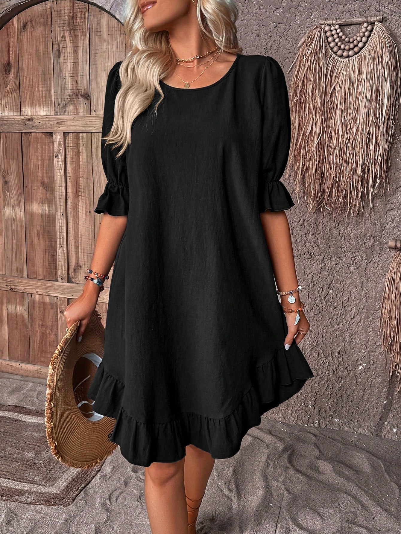 Women's Ruffle Detail Midi Dress with Draped Midsection 4