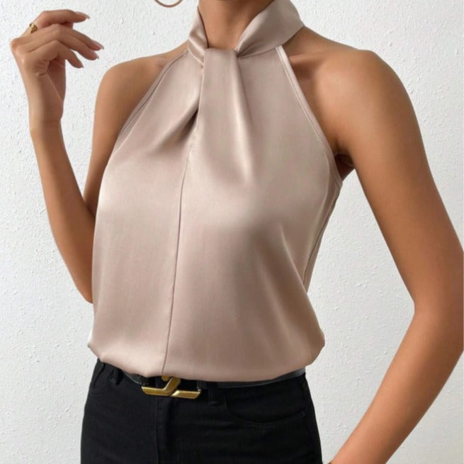 Women's Satin Blouse with Twisted Neck Detail 1