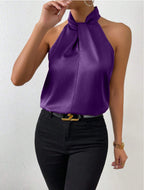 Women's Satin Blouse with Twisted Neck Detail 13