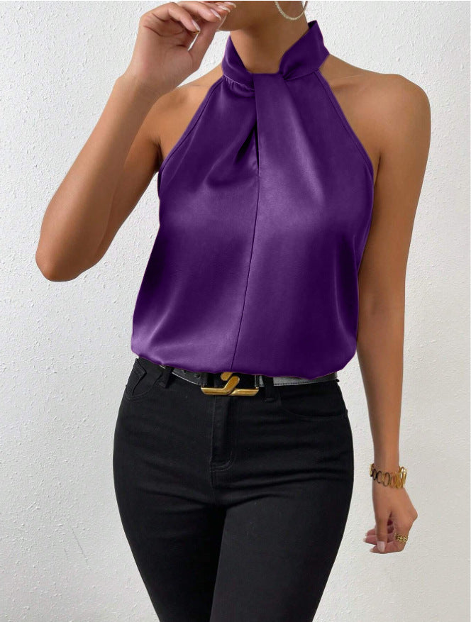 Women's Satin Blouse with Twisted Neck Detail 13