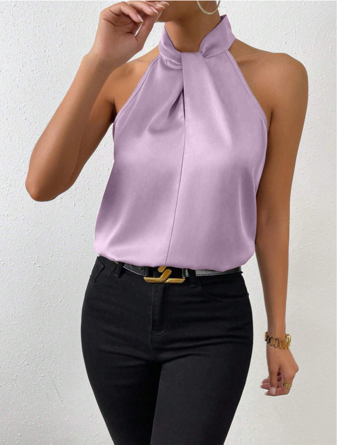 Women's Satin Blouse with Twisted Neck Detail 15