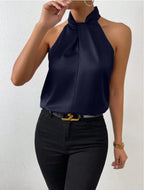 Women's Satin Blouse with Twisted Neck Detail 17