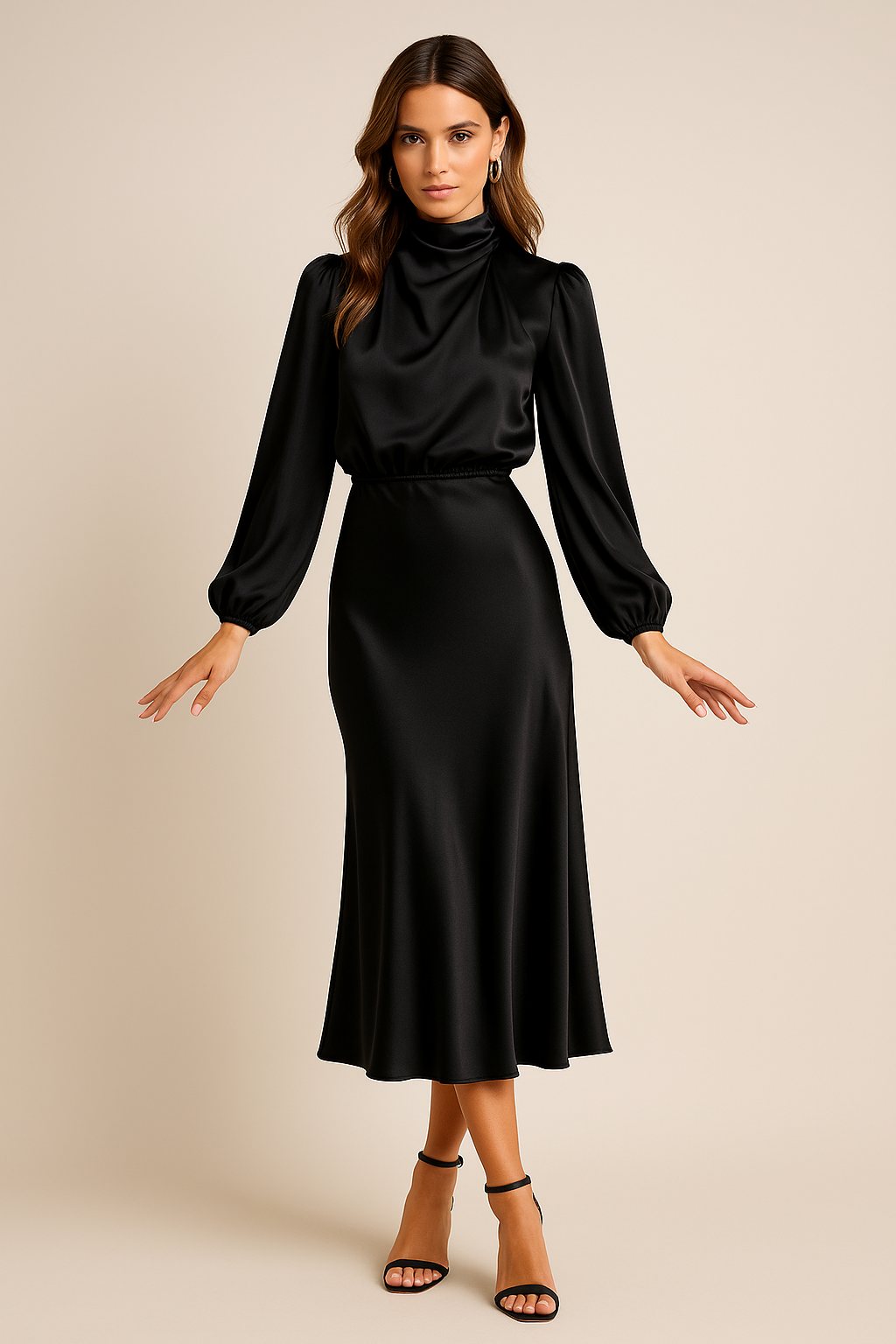 Women's Satin Midi Dress with Three Quarter Sleeves 21
