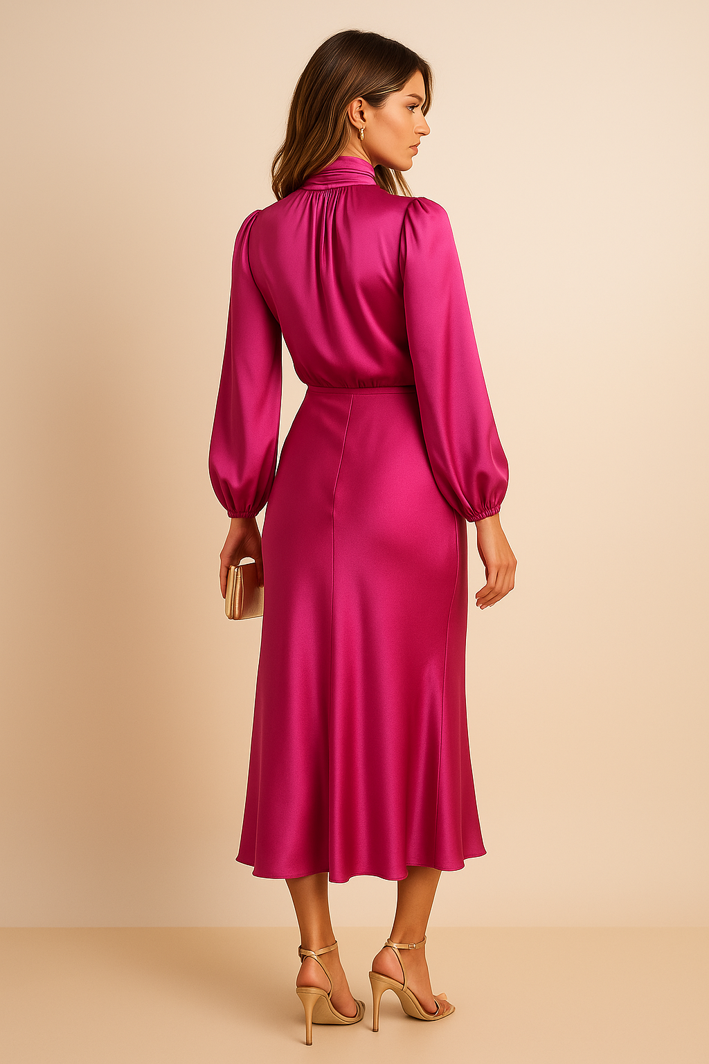 Women's Satin Midi Dress with Three Quarter Sleeves 26