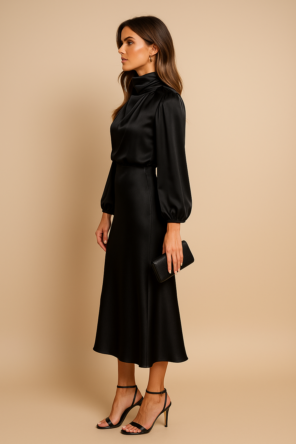 Women's Satin Midi Dress with Three Quarter Sleeves 4