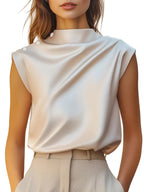 Women's Satin Stand Collar Blouse with Cap Sleeves and Button Details 1