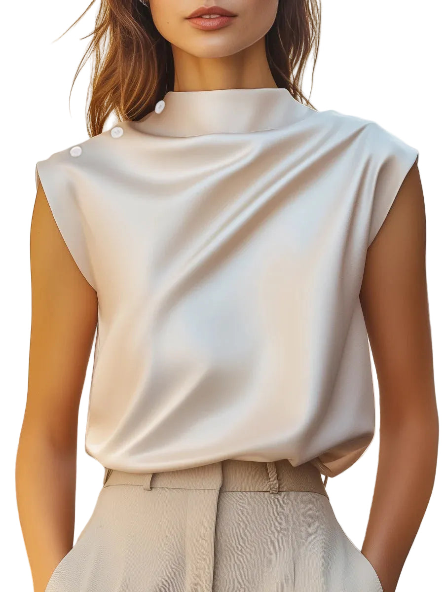 Women's Satin Stand Collar Blouse with Cap Sleeves and Button Details 1