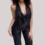 Women's Sequin Halter Jumpsuit with Deep V Neckline and Wide-Leg Pants 5