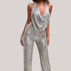 Women's Sequin Halter Jumpsuit with Deep V Neckline and Wide-Leg Pants 8