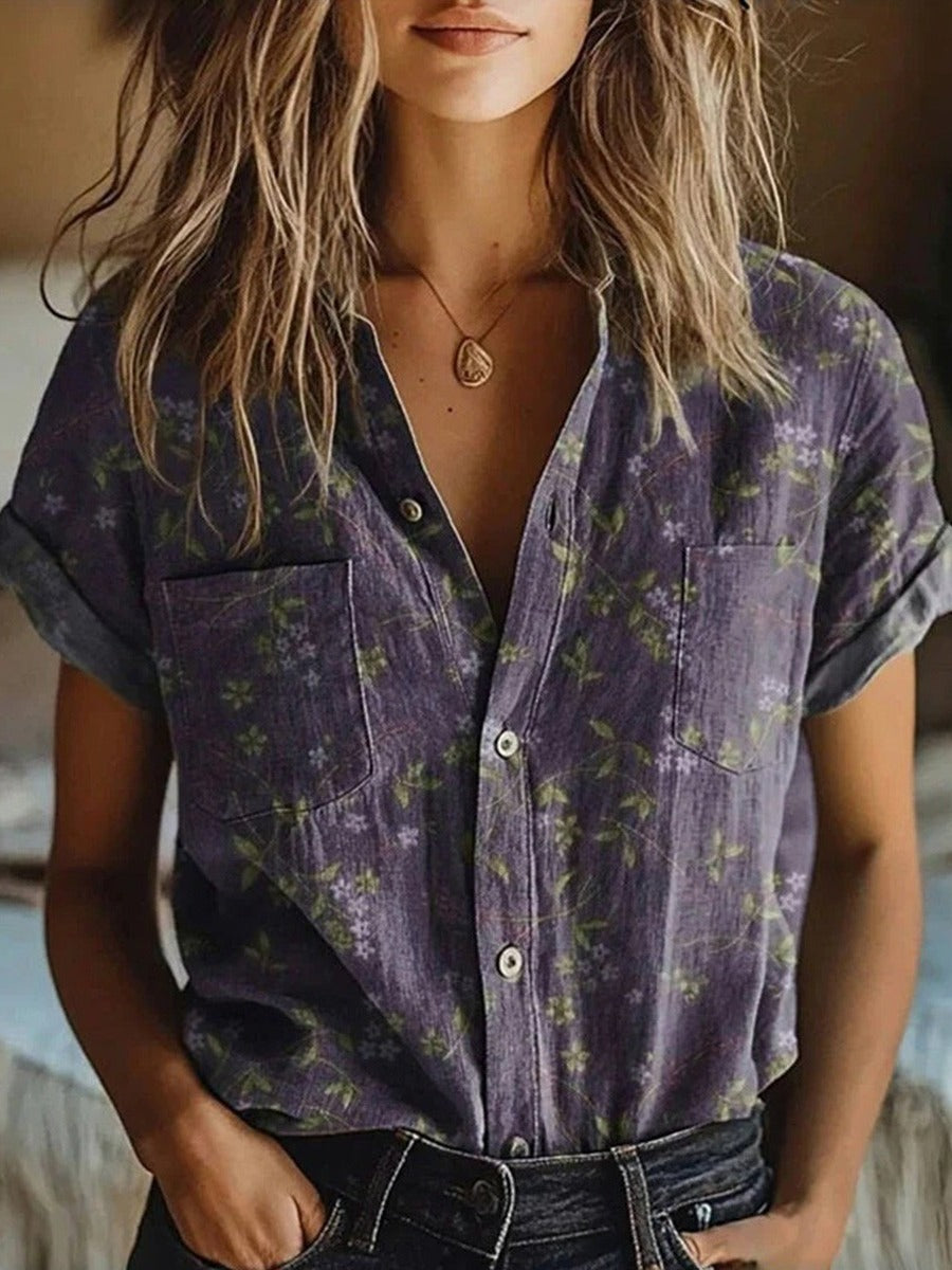 Women's Short Sleeve Button-Up Blouse with Collar and Floral Print 1