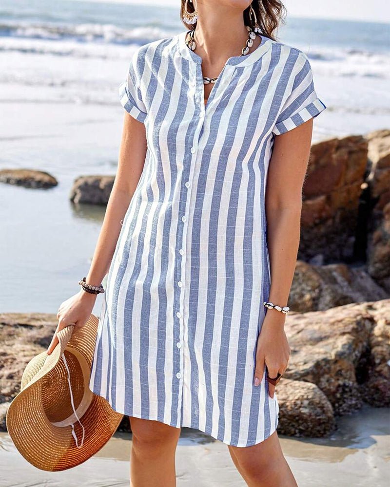 Women's Short Sleeve Button-Up Shirt Dress with Band Collar 1