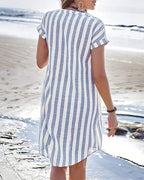 Women's Short Sleeve Button-Up Shirt Dress with Band Collar 2