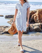 Women's Short Sleeve Button-Up Shirt Dress with Band Collar 3