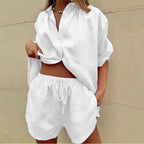 Women's Short Sleeve Button-Up Shirt and Shorts Two-Piece Set 2