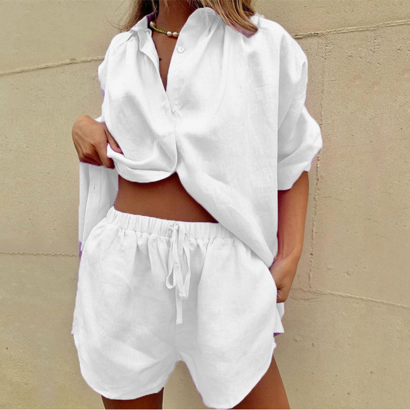 Women's Short Sleeve Button-Up Shirt and Shorts Two-Piece Set 2