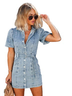 Women's Short Sleeve Denim Mini Dress with Button Front and Belt 1
