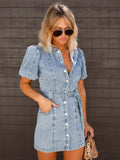Women's Short Sleeve Denim Mini Dress with Button Front and Belt 4