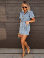 Women's Short Sleeve Denim Mini Dress with Button Front and Belt 5