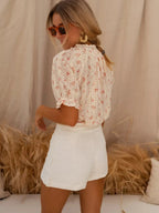 Women's Short Sleeve Floral Blouse with Lace Panel Details and Button Front 2