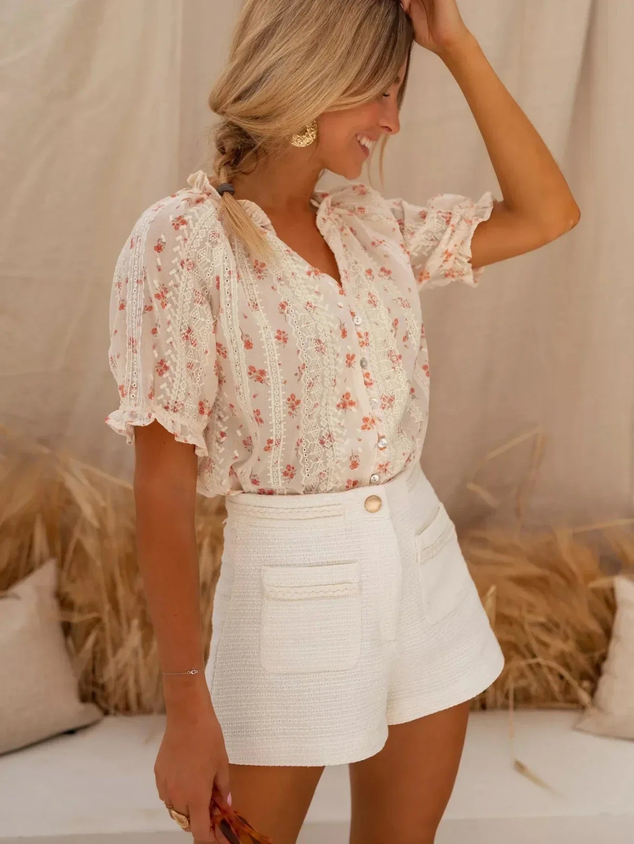 Women's Short Sleeve Floral Blouse with Lace Panel Details and Button Front 3