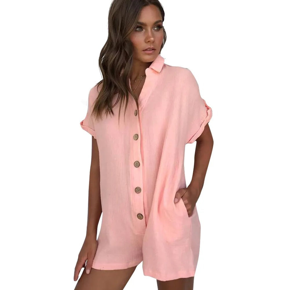 Women's Short Sleeve Jumpsuit with Button Front and Side Pockets 1