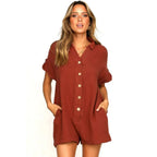 Women's Short Sleeve Jumpsuit with Button Front and Side Pockets 4