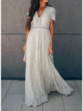 Women's Short Sleeve Lace Maxi Dress with V-Neckline 1