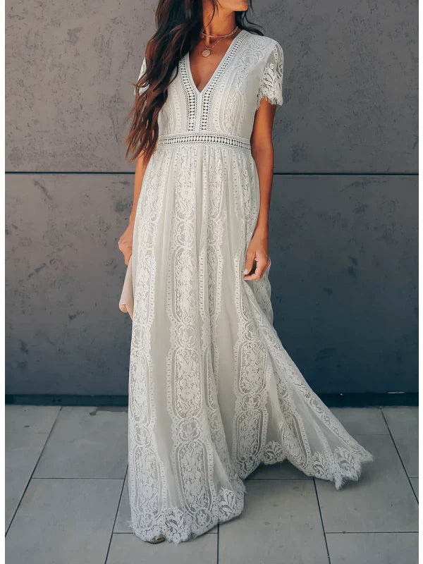 Women's Short Sleeve Lace Maxi Dress with V-Neckline 1