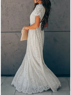 Women's Short Sleeve Lace Maxi Dress with V-Neckline 2