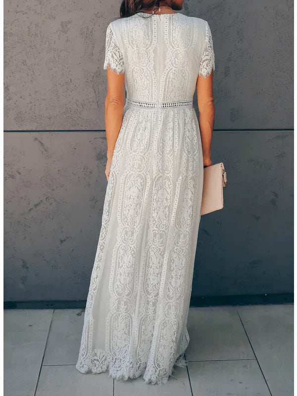 Women's Short Sleeve Lace Maxi Dress with V-Neckline 3
