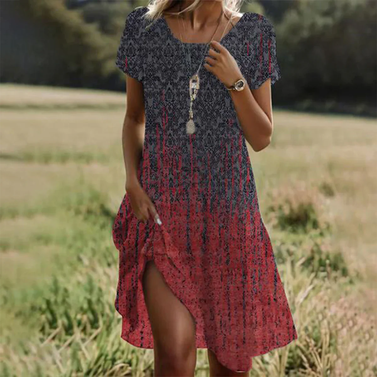 Women's Short Sleeve Midi Dress with Gradient Pattern 1