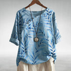 Women's Short Sleeve Round Neck Top with Botanical Print 1