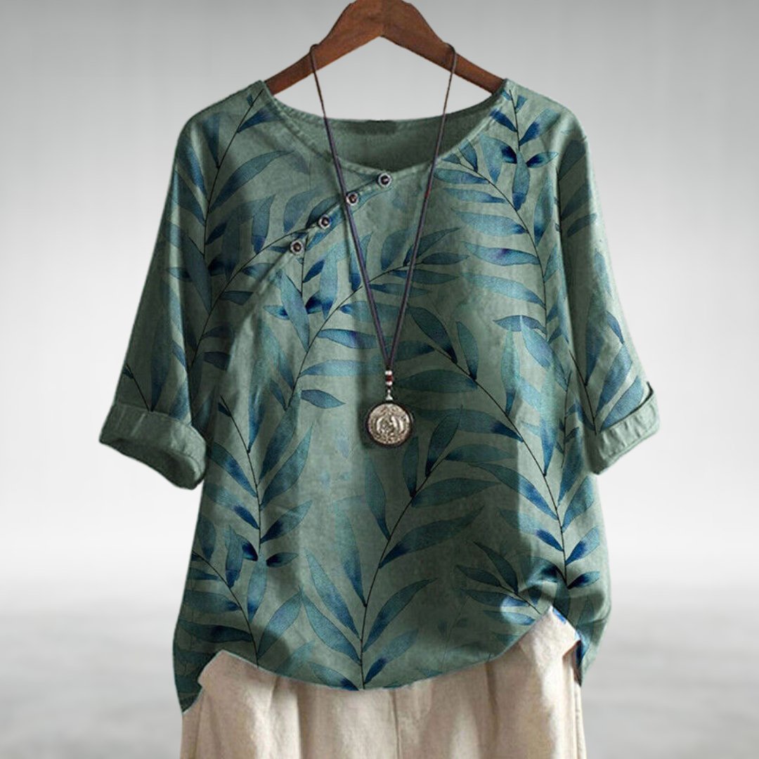 Women's Short Sleeve Round Neck Top with Botanical Print 2