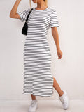 Women's Short Sleeve Striped Midi Dress with Side Split 1