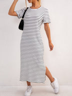 Women's Short Sleeve Striped Midi Dress with Side Split 1
