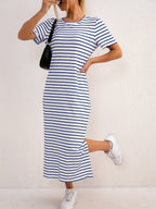 Women's Short Sleeve Striped Midi Dress with Side Split 3