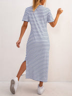 Women's Short Sleeve Striped Midi Dress with Side Split 4