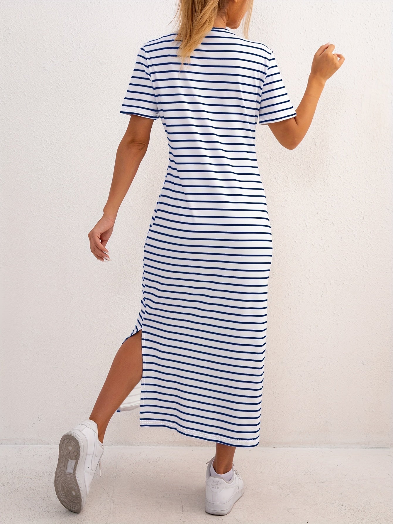 Women's Short Sleeve Striped Midi Dress with Side Split 4