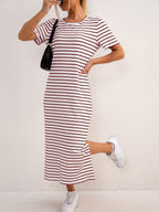 Women's Short Sleeve Striped Midi Dress with Side Split 5