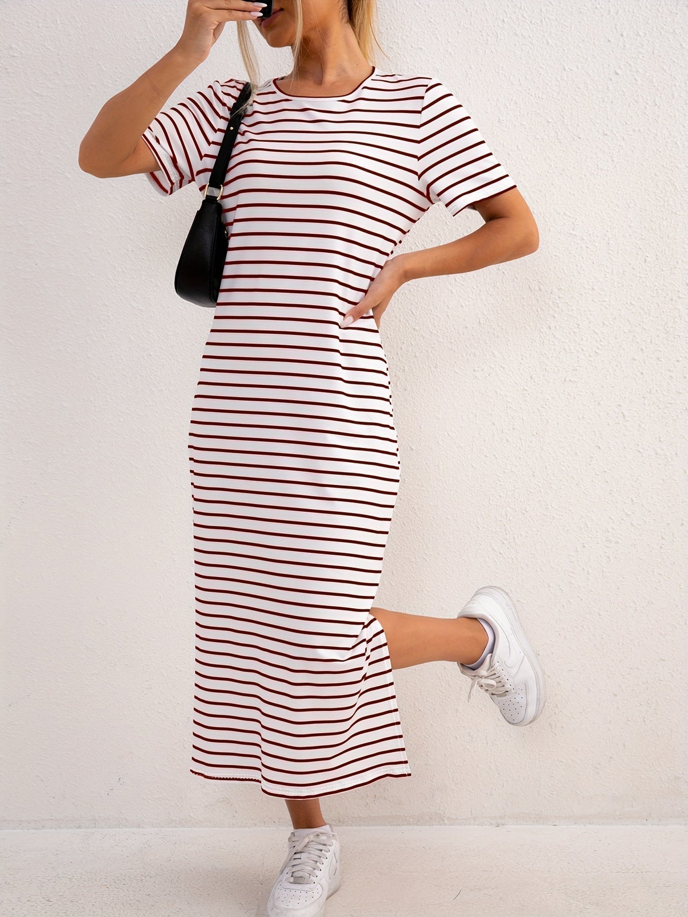 Women's Short Sleeve Striped Midi Dress with Side Split 5