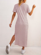 Women's Short Sleeve Striped Midi Dress with Side Split 6