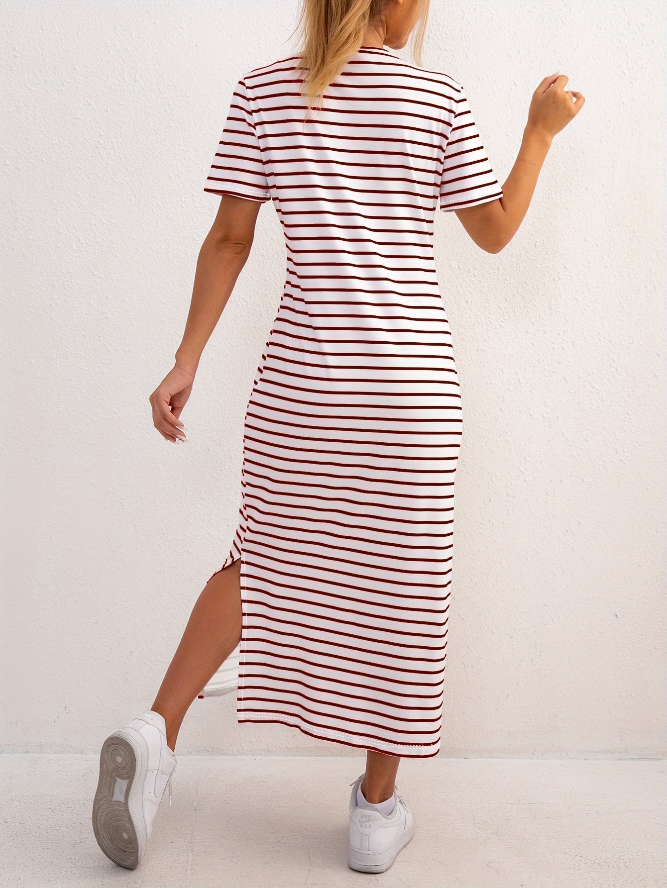 Women's Short Sleeve Striped Midi Dress with Side Split 6