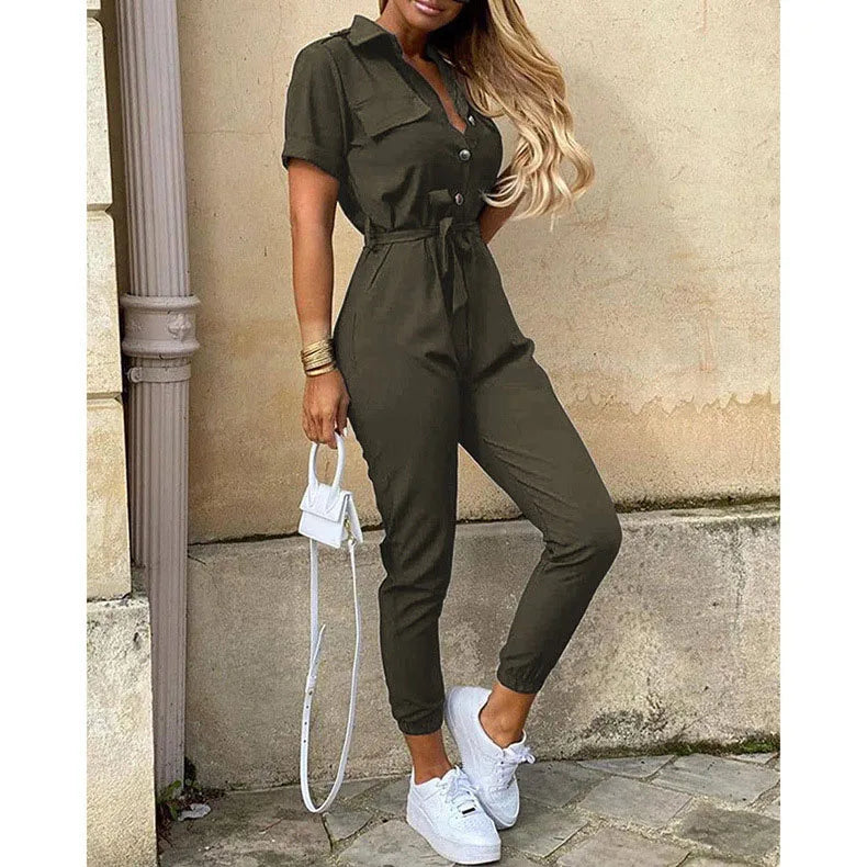Women's Short Sleeve Tie-Waist Cargo Jumpsuit 2
