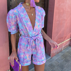 Women's Short Sleeve V-Neck Jumpsuit with Tie Belt and Cuffed Legs 1