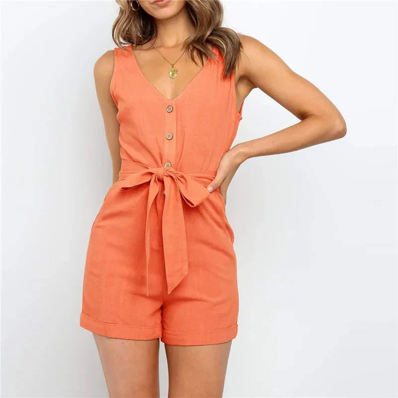Women's Sleeveless Button-Front Romper with Adjustable Belt 3