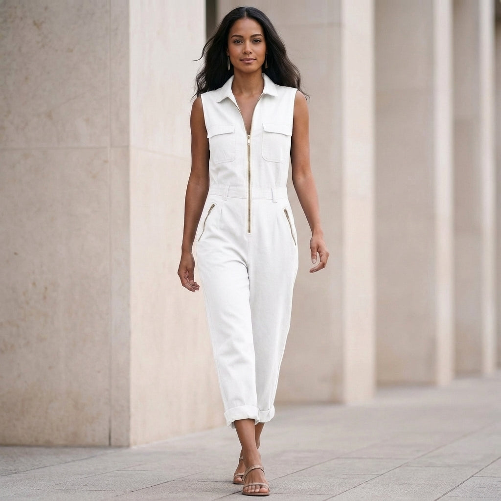 Women's Sleeveless Collared Jumpsuit with Full-Zip Front 2