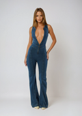 Women's Sleeveless Denim Jumpsuit with Heart-Shaped Plunge Neckline 1