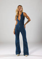 Women's Sleeveless Denim Jumpsuit with Heart-Shaped Plunge Neckline 4