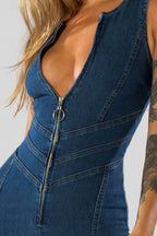 Women's Sleeveless Denim Jumpsuit with Heart-Shaped Plunge Neckline 7